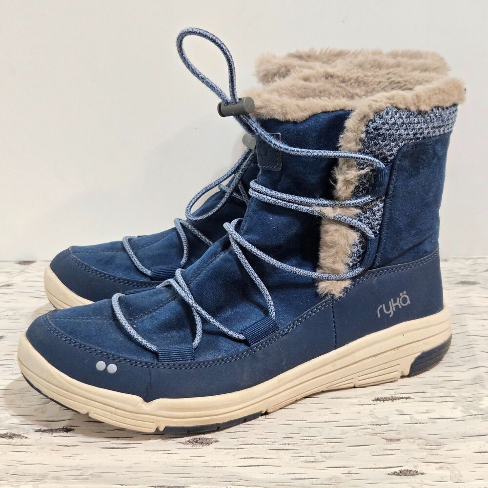 Ryka Aubonne Winter Boots womens 8.5M Water Repellant Bungee Lace‎ Blue Faux Fur